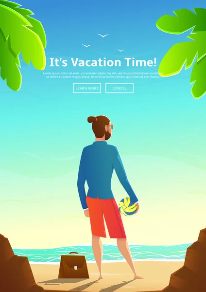 ビジネスマンがビーチに立っている ブリーフケースとバレーボールボール付きジャケットの漫画家とベクトルイラスト ヤシの木と夏の海の風景と美しいポスター — ストックベクタ