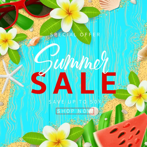 Summer Sale Banner Template Top View Red Sun Glasses Seashells — Stock Vector
