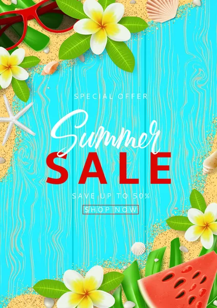 Summer Sale Poster Template Top View Red Sun Glasses Seashells — Stock Vector