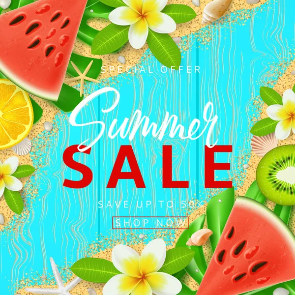 Beautiful Background Summer Sale Top View Fresh Summer Fruit Seashells — Stock Vector