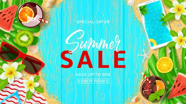 Summer Sale Promo Web Banner Top View Summer Decoration Cocktails — Stock Vector