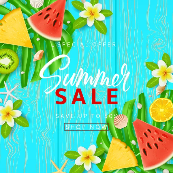 Summer Sale Promo Banner Template Top View Summer Composition Tropical — Stock Vector