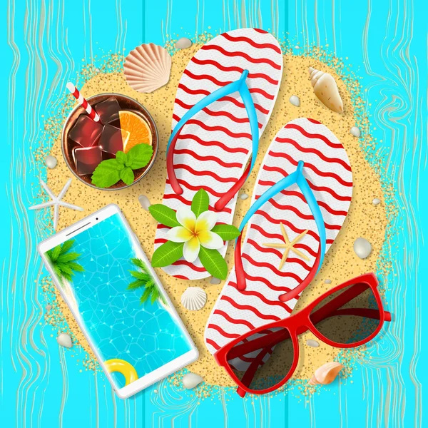 Summer Time Beautiful Card Top View Summer Composition Realistic Objects — Stock Vector