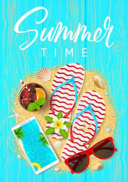 Summer Time Beautiful Flyer Top View Summer Composition Realistic Objects — Stock Vector