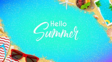 Merhaba Summer web pankartı şablonu. Renk arkaplanında gerçekçi nesneler olan yaz kompozisyonu üzerine üst görünüm. Vektör çizimi. Tropikal ülkelerde mevsimsel eğlence kavramı.