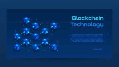 Abstract Blockchain isometric concept banner. Modern Concept of Digital Technology in the Shape of Block Chain net. Vector Illustration.