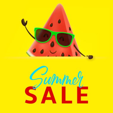 Karpuz karakterli yaz indirimi afişi. Tropikal meyvelerin karikatür diliminin vektör çizimi. Yaz indirimi reklam afişi.