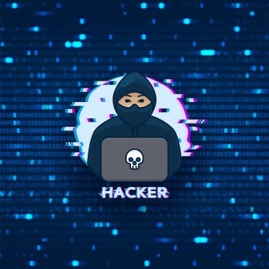 Hacker logo şablonu. Bilgisayarı olan dijital hırsızın sembolü. Hacker ikonu. İkili kod arka planına sahip vektör illüstrasyonu.