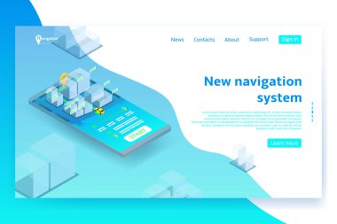 Isometric navigasyon sistemi afişi. Modern navigasyon uygulaması ya da taksi servisi kavramı. Vektör İllüstrasyonu.