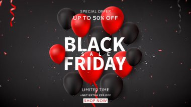 Black Friday sale web banner. Dark background with black and red balloons for seasonal discount offer. Vector illustration with confetti and serpentine. clipart