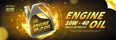 Motor yağı reklam arka plan. Parlak arka planda gerçekçi teneke kutu ve motor yağı ile vektör illüstrasyon. 3b reklam şablonu.