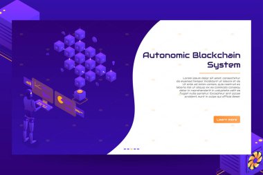 İznik engelleme teknolojisi afişi. Modern Dijital Teknoloji Konsepti Blok Zinciri şeklinde robotla. Vektör İllüstrasyonu.