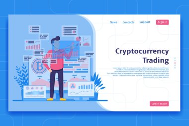 Kripto para ticareti iniş sayfası konsepti. Tüccar çizelgelerle analitik web sayfaları üzerinde çalışıyor. Kripto para birimi konseptini al ve sat. Vektör illüstrasyonu.