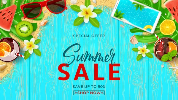 Summer Sale Promo Web Banner Top View Summer Decoration Cocktails — Stock Vector