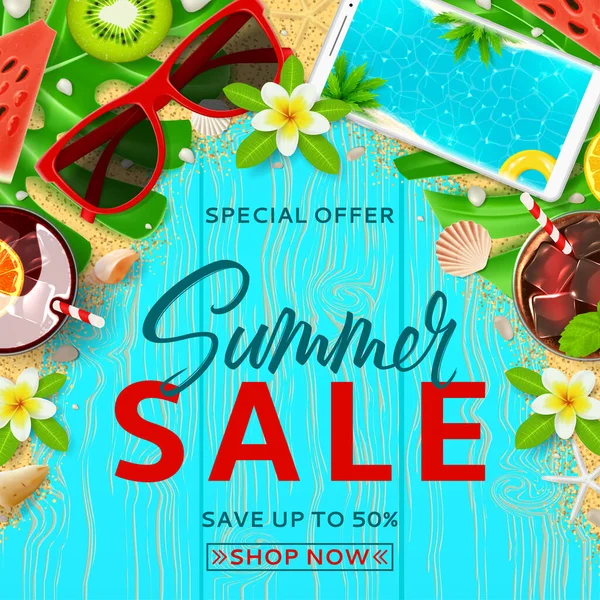 Summer Sale Promo Banner Top View Summer Decoration Cocktails Fresh — Stock Vector
