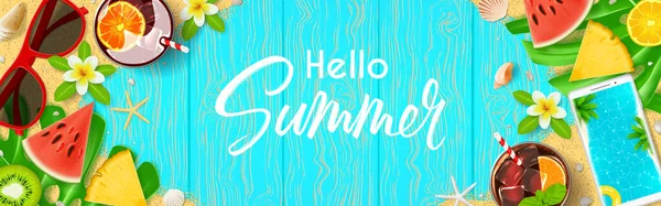 Ahoj Summer Web Banner Pohled Shora Letní Kompozici Realistickými Objekty — Stockový vektor