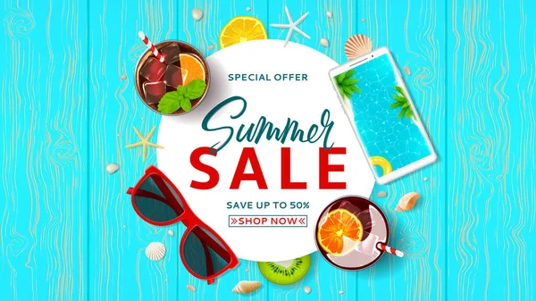 Promo Web Banner Summer Sale Top View Summer Decoration Cocktails — Stock Vector