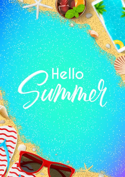 Hello Summer Flyer Template Top View Summer Composition Realistic Objects — Stock Vector