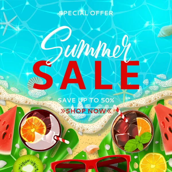 Summer Sale Promo Background Template Top View Summer Decoration Realistic — Stock Vector