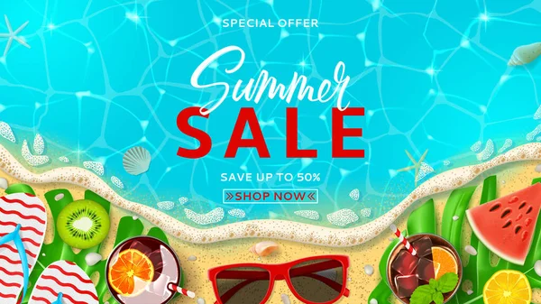Summer Sale Promo Web Banner Template Top View Summer Decoration — Stock Vector