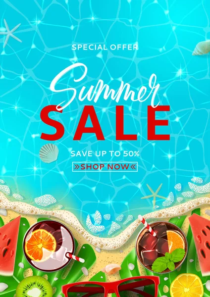 Summer Sale Promo Flyer Template Top View Summer Decoration Realistic — Stock Vector