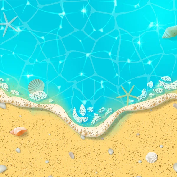 熱帯ビーチの海岸の背景 現実的なビーチの砂 海の波と夏のバナーのトップビュー ベクトルイラスト 夏休みの概念 — ストックベクタ