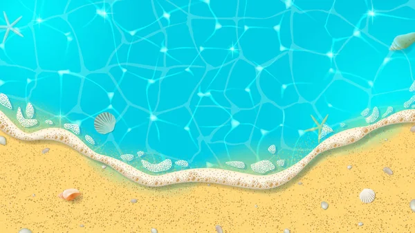 熱帯浜海岸網旗 現実的なビーチの砂 海の波と夏の背景のトップビュー ベクトルイラスト 夏休みの概念 — ストックベクタ
