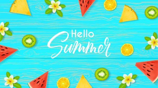 Γεια Σας Καλοκαίρι Όμορφο Web Banner Κάτοψη Καλοκαιρινής Σύνθεσης Ρεαλιστικά — Διανυσματικό Αρχείο