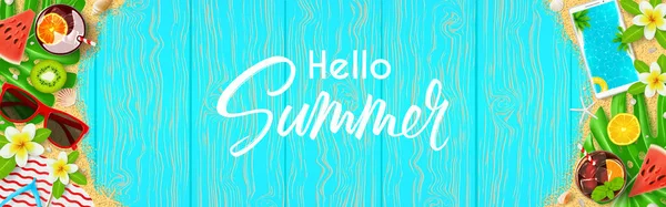 Merhaba Summer Banner Şablonu Gerçekçi Nesnelerle Yaz Kompozisyonu Ahşap Dokuda — Stok Vektör