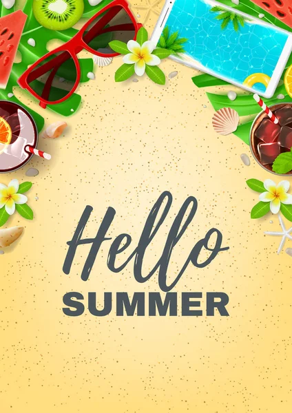 Hello Summer Vacation Flyer Top View Summer Composition Realistic Objects — Stock Vector