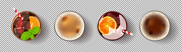 現実的なアルコール飲料のセット 透明感のある背景にはカクテルやビールのグラスが隔離されている 新鮮な夏の飲み物とベクトルイラスト — ストックベクタ