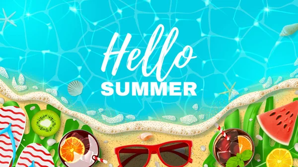 美丽的网页横幅与题词Hello Summer 在海滩上用现实的物体装饰夏季的顶部视图 矢量图解 热带国家季节性度假的概念 — 图库矢量图片