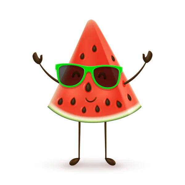 Cute Watermelon Character Vector Illustration Cartoon Slice Tropical Fruit — Stock Vector