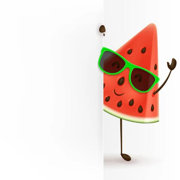Cute Watermelon Character Stands Blank Signboard Vector Illustration Cartoon Slice — Stock Vector