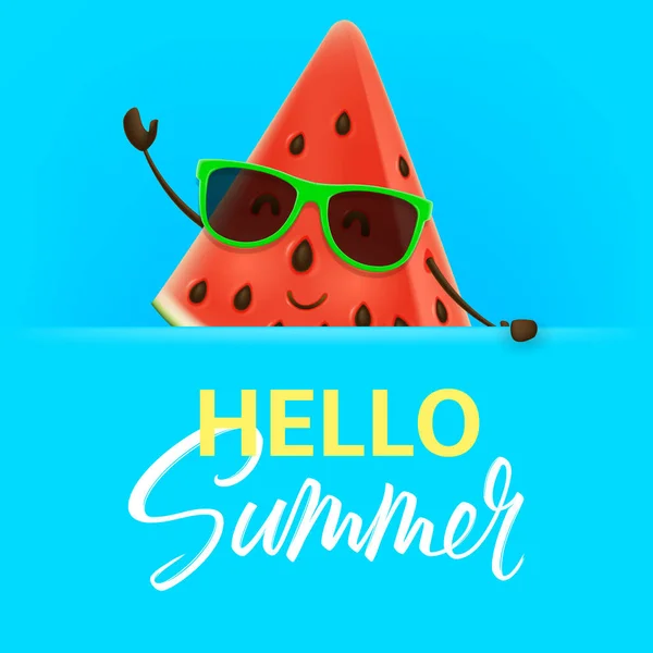 你好夏天与西瓜的性格 热带水果卡通片的矢量图解 带有字母的彩色横幅 — 图库矢量图片