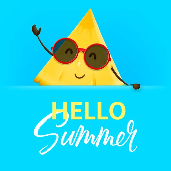 你好夏天与菠萝的性格 热带水果卡通片的矢量图解 带有字母的彩色横幅 — 图库矢量图片