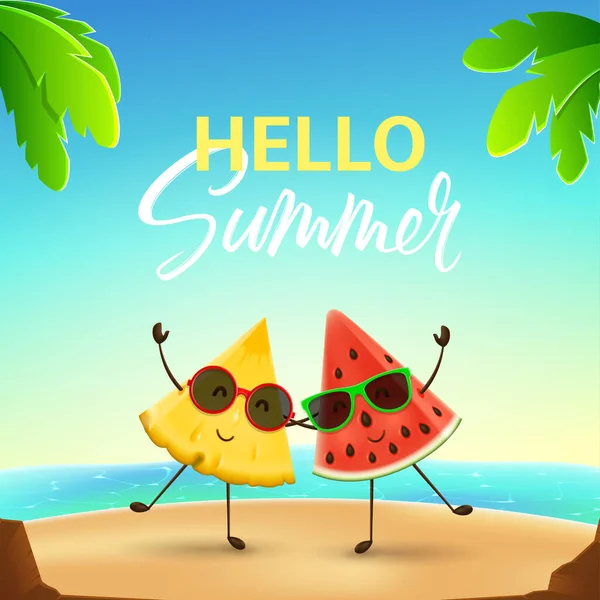 有趣的夏季横幅与水果字符 卡通人物西瓜和菠萝人物热带海滩的矢量图解 带有字母的彩色横幅 — 图库矢量图片