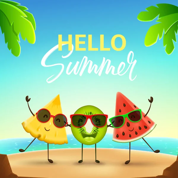 有趣的夏季横幅与可爱的水果字符 热带海滩上的卡通人物西瓜 猕猴桃和菠萝的矢量图解 带有字母的彩色横幅 — 图库矢量图片
