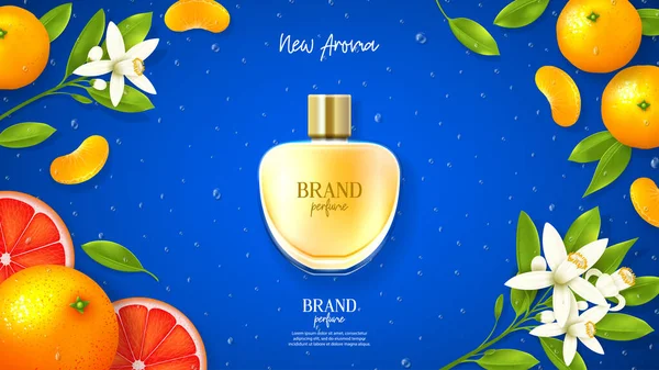 高級香水ブランドの広告テンプレート 柑橘類の花や柑橘類の果物と青の背景に現実的なガラス瓶の上のビュー 新しい夏の香りベクトルイラスト — ストックベクタ