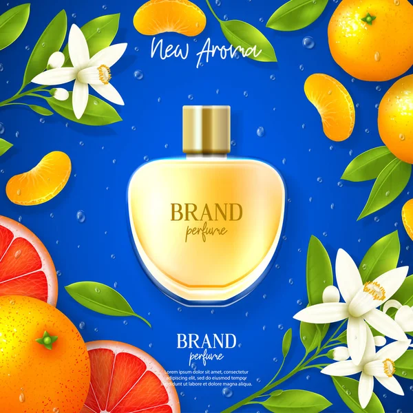 高級香水ブランドのプロモーションバナー 柑橘類の花や柑橘類の果物と青の背景に現実的なガラス瓶の上のビュー 新しい夏の香りベクトルイラスト — ストックベクタ