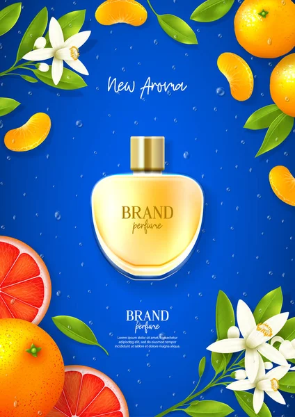 Werbeplakat Der Luxus Parfümmarke Draufsicht Auf Realistische Glasflasche Auf Blauem — Stockvektor