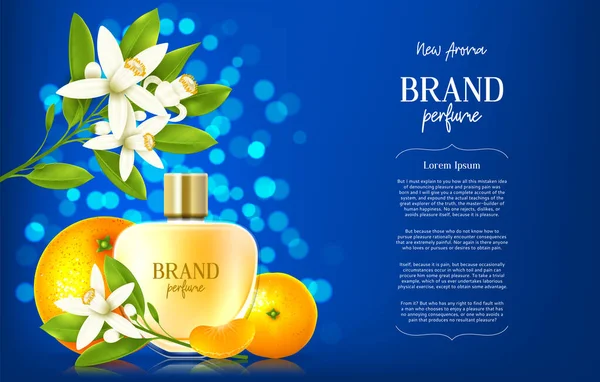 高級香水ブランドの広告バナー 柑橘系の花や柑橘系の果物と青の背景に現実的なガラス瓶 新しい夏の香りベクトルイラスト — ストックベクタ