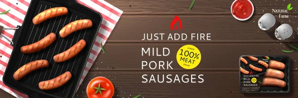 Salsichas Porco Suaves Anúncios Enchidos Grelha Com Tomate Molho Especiarias — Vetor de Stock