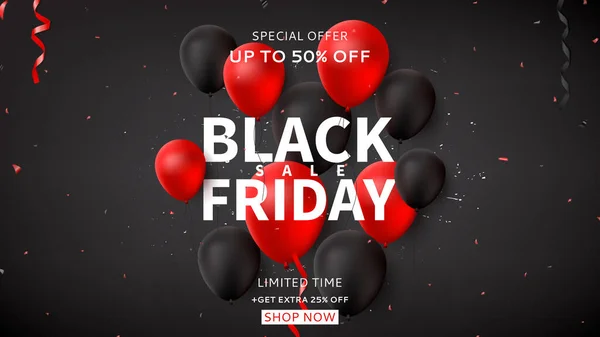Zwarte Vrijdag Verkoop Webbanner Donkere Achtergrond Met Zwarte Rode Ballonnen — Stockvector