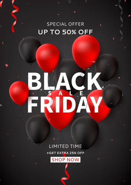 Černý Pátek Prodej Flyer Šablony Tmavé Pozadí Červenými Černými Balónky — Stockový vektor