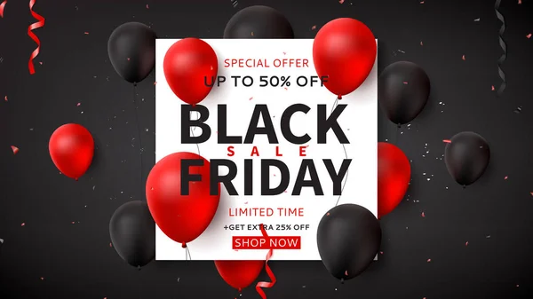 Tmavý Webový Banner Prodej Black Friday Tmavé Pozadí Černými Červenými — Stockový vektor