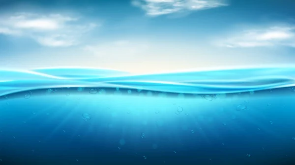 海浪逼真的海景 矢量图解 具有水下阳光的现实的海洋场景 具有水平海面和云层的横幅 — 图库矢量图片