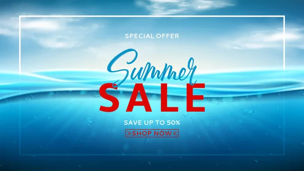 Summer Sale Promotion Banner Realistic Sea Landscape Waves Vector Illustration — Stock Vector