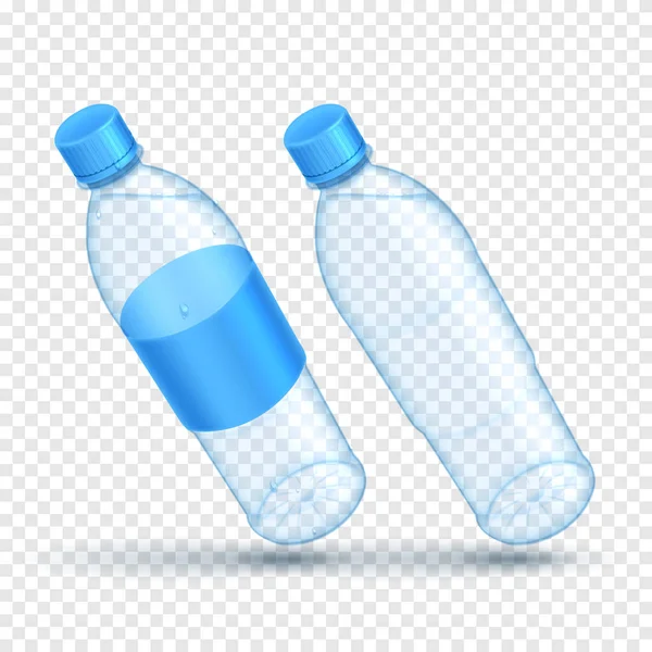 Realistyczny Plastikowy Szablon Butelki Ilustracja Wektora Przezroczystą Butelką Wodą Niebieską — Wektor stockowy