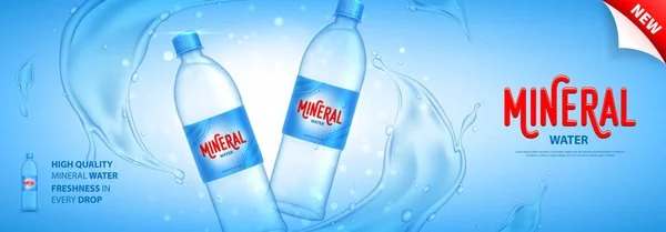 Baner Promujący Wodę Mineralną Realistyczna Plastikowa Butelka Rozpryskami Kroplami Wody — Wektor stockowy